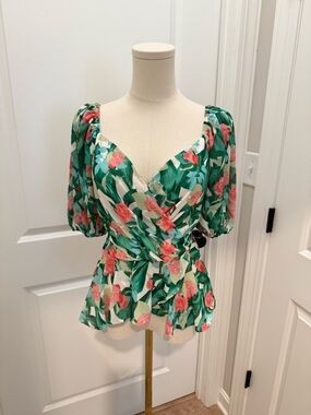 Flying Tomato Green Floral Wrap Peplum Blouse with Coral Accents